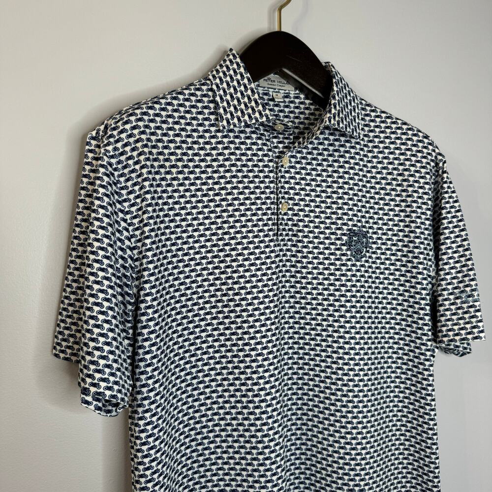 Peter Millar Polo Shirt Blue Motorcycle Print Summer Comfort Golf Performance M - Picture 3 of 10